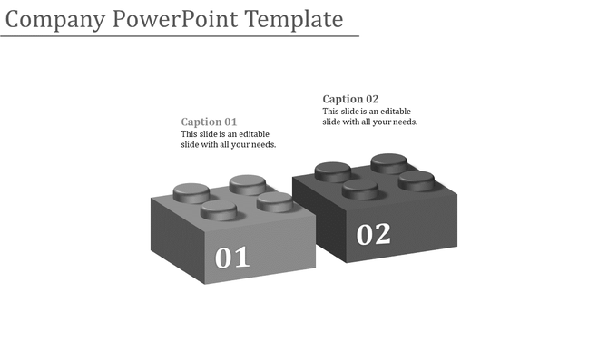 Two grey 3D Lego blocks for a company PowerPoint presentation with numbered captions.