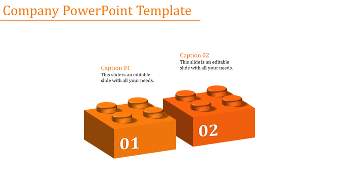 Two orange 3D Lego blocks for a company PowerPoint presentation with numbered captions and placeholder text.
