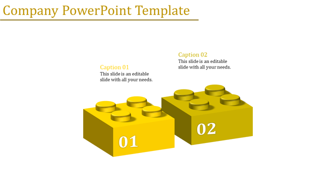 Two yellow 3D Lego blocks for a company PowerPoint presentation with numbered captions with placeholder text.