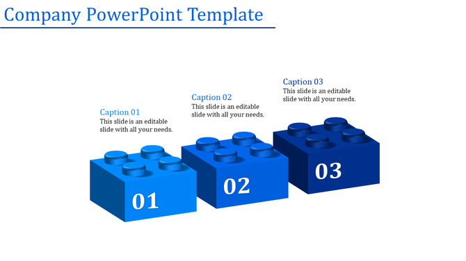 Three blue 3D company blocks, transitioning from light to dark, numbered 01 to 03, with captions placed above each.