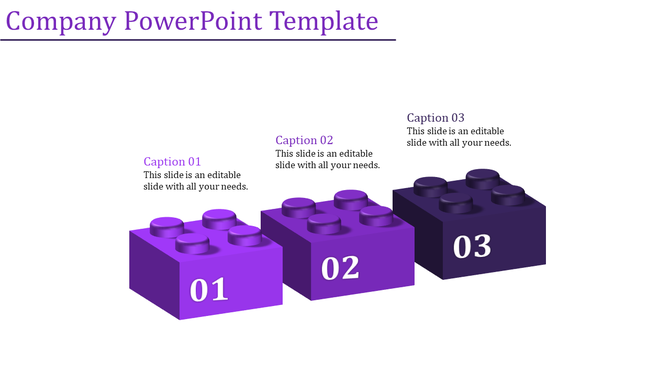Company PowerPoint template featuring three 3D purple Lego blocks, each with a numbered caption.