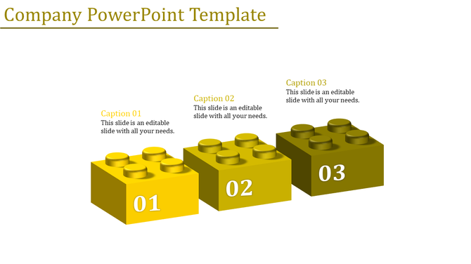 Company PowerPoint template with three 3D yellow Lego blocks, each labeled with a number.