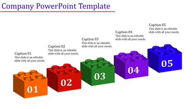 Company PPT slide with five colorful 3D Lego blocks in orange, red, green, purple, and blue, each with numbered captions.