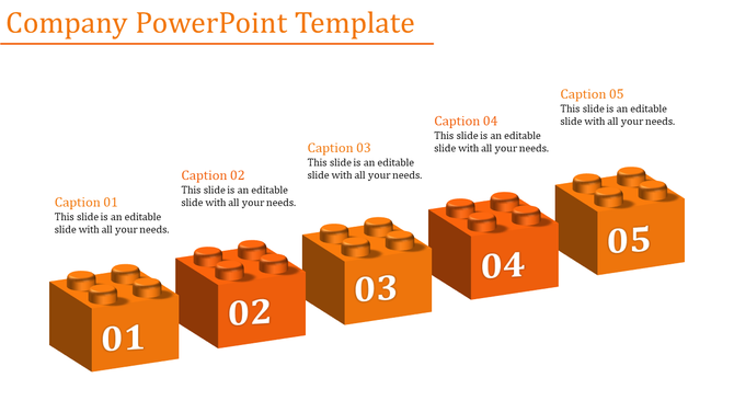 Five orange 3D blocks arranged in a rising sequence, numbered 01 to 05, with captions placed above each block.