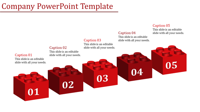 Company PowerPoint template with five red Lego blocks, each labeled with a number and a caption.