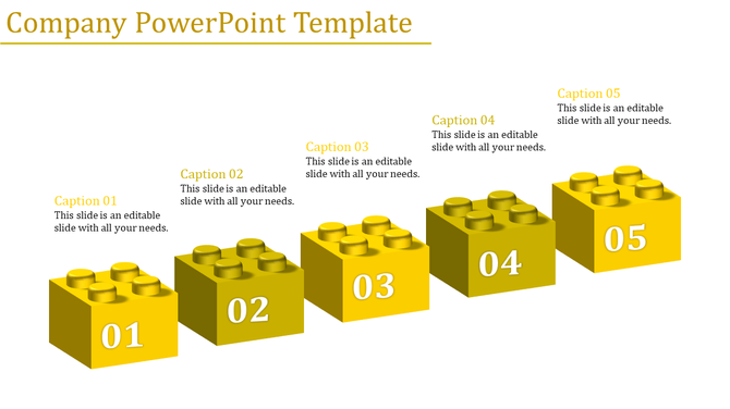 Five yellow 3D blocks, numbered 01 to 05, arranged in a step-like sequence with captions above each block.