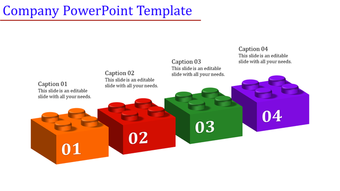 Company slide featuring four stacked blocks in orange, red, green, and purple with numbers 01 to 04 in a white backdrop.