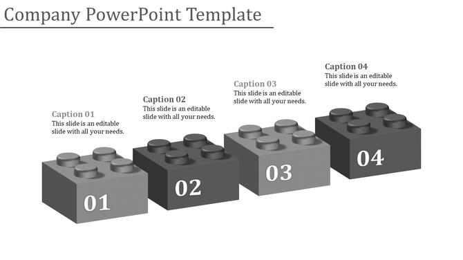 Grayscale company infographic with four ascending blocks numbered 01 to 04, representing steps or stages.