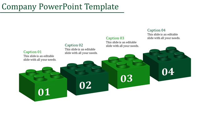 Company PowerPoint template featuring four green Lego blocks, each numbered 01 to 04, with captions.