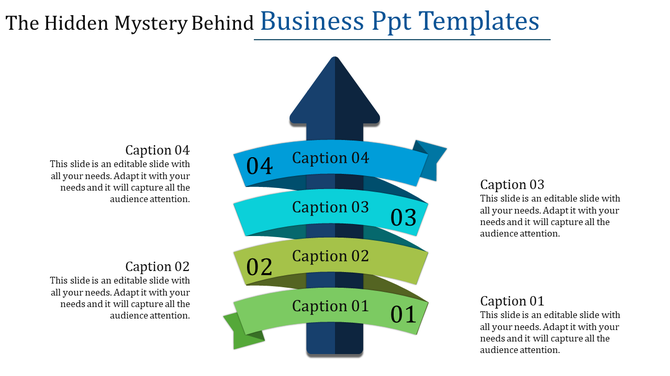 A blue upward arrow with four curved ribbon like sections labeled 01 to 04 in green and blue tones.