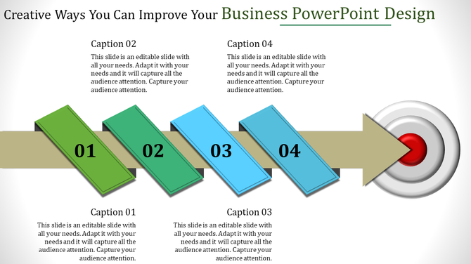 Business diagram with four numbered arrows transitioning from green to blue, pointing towards a red circular target.