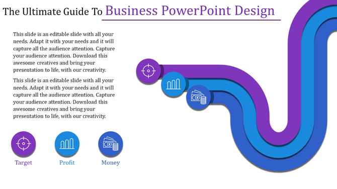 PowerPoint slide with flowing colorful arrows and icons for target, profit, and money with placeholder text.