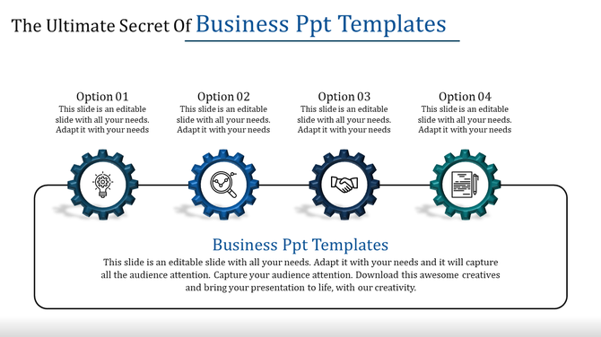 Business PowerPoint template featuring four gear icons with different options and descriptions for each option.