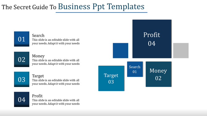Four business concepts shown in numbered blue squares, aligned with placeholder text areas blocks.