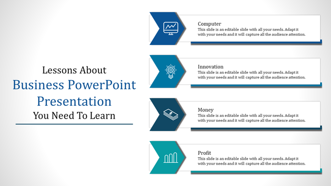 Business layout with four blue arrow segments, featuring icons for computer, innovation lightbulb, money stack, and bar graph.