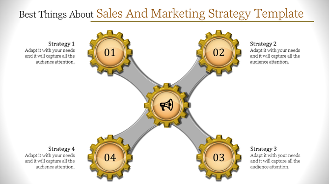 Professional sales and marketing strategy template with gears and steps for success.