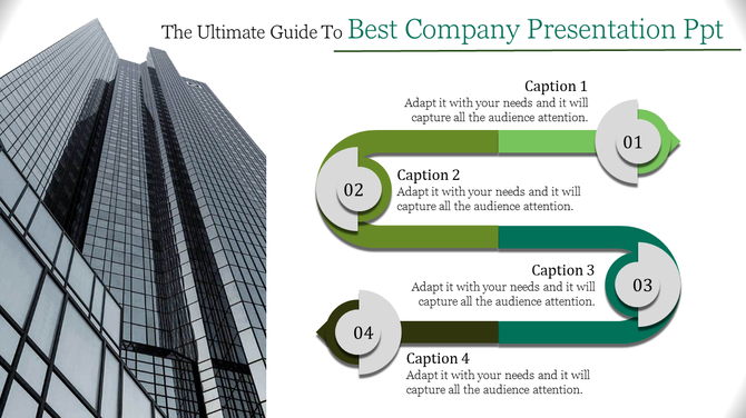Company slide with a tall skyscraper on the left and four numbered captions with circular icons connected by green arrows.
