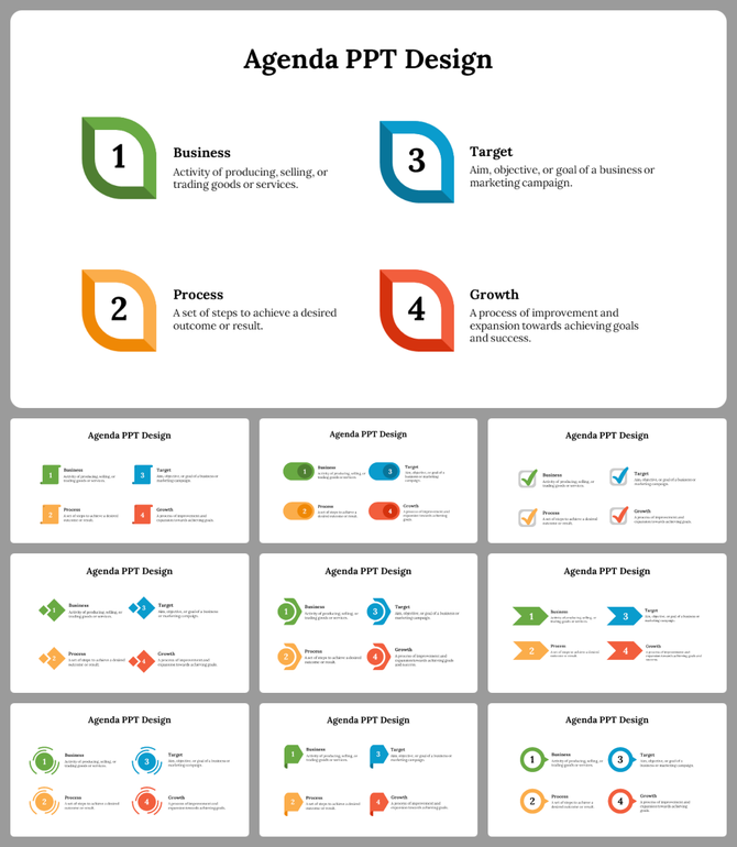 Agenda PPT slides featuring icons and descriptions for business, process, target, and growth with different layout designs.