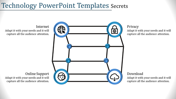 Technology layout showing four circular icons in a network structure: globe, padlock, headset, and cloud download.