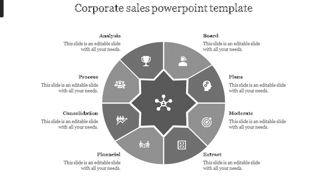 Corporate sales wheel with eight labeled segments, each containing an icon, arranged around a central hub network symbol.