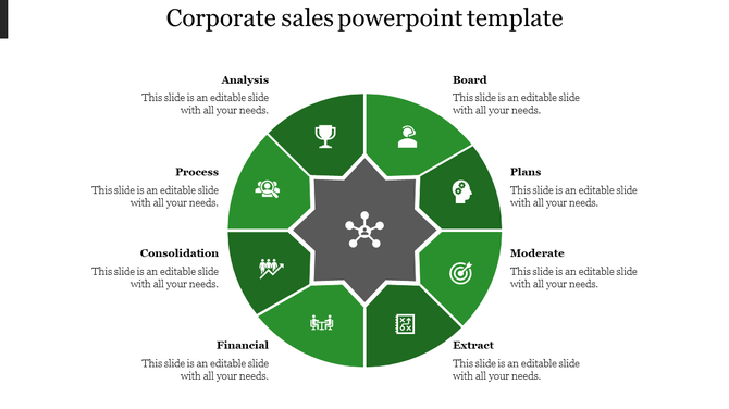 Corporate sales template with eight green sections arranged in a circular design, featuring icons and captions.