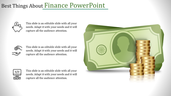 Illustration of financial growth with coins, green banknotes, and icons symbolizing saving, investments, and technology.
