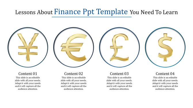 Finance PowerPoint template featuring currency symbols Yen, Euro, Pound, and Dollar with placeholder text.