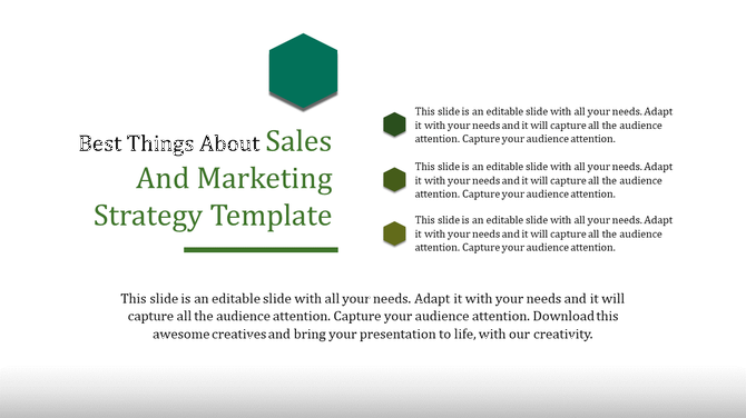 Marketing slide layout featuring a large green hexagon shape, three small hexagons, and aligned text on the right.