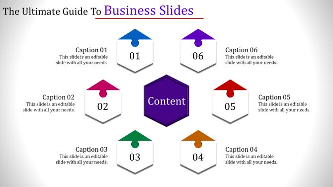 Business template featuring a central purple content area surrounded by six colorful arrow-shaped sections.