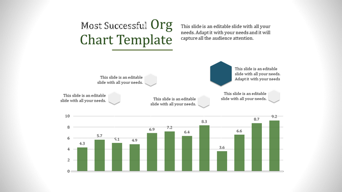 Chart template featuring green bars with numeric values on the x-axis, placeholders above, and a dark blue hexagon.
