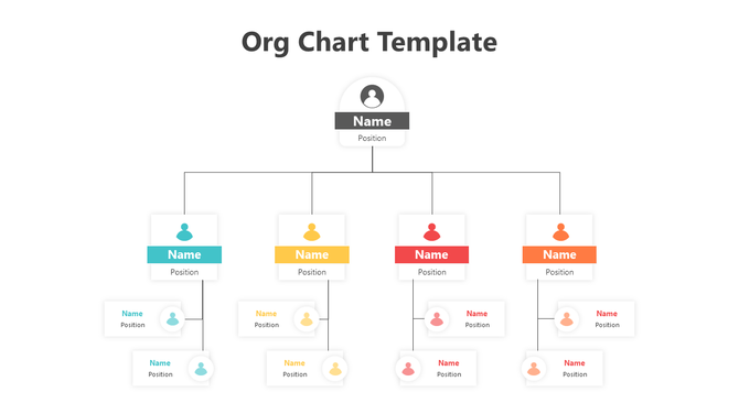 Basic org chart template with hierarchical structure displaying positions and names in different colored boxes.