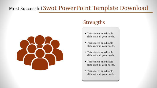 SWOT slide design featuring a brown group of people icon and a strengths list with bullet points in a text box.