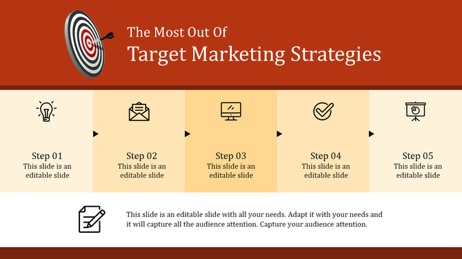 A five step process diagram for target marketing strategies with icons representing each step with placeholder text.