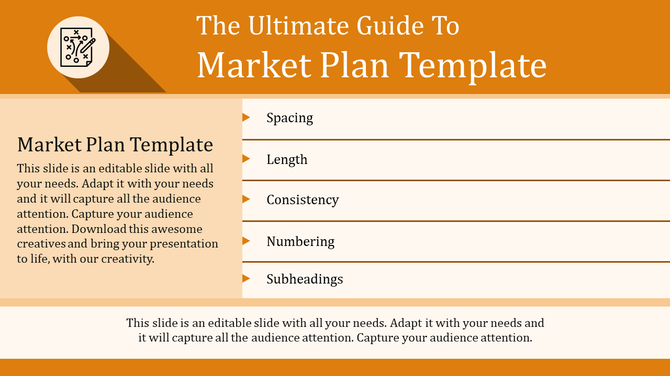 A PPT slide displaying a market plan template with key points Spacing, Length, Consistency, Numbering, and Subheadings.