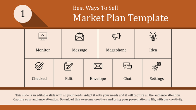 Market plan template with nine labeled icons, including monitor, message, chat, and settings, on a beige background.