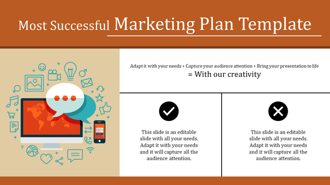 Marketing plan template featuring a computer and smartphone with icons like messages and social media surrounding them.