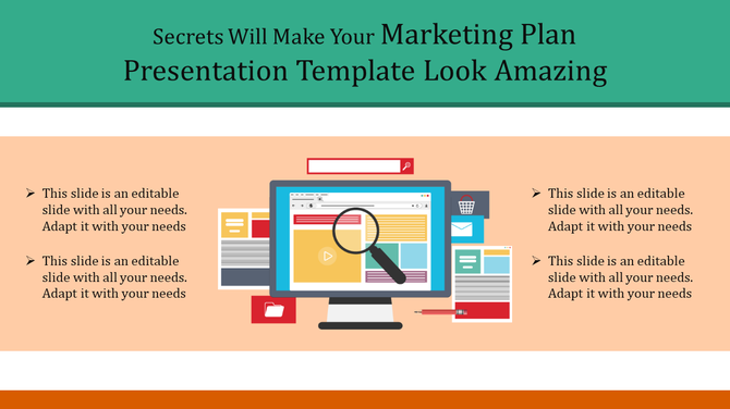 Marketing plan presentation template with a computer screen, a magnifying glass, and various documents surrounding it.