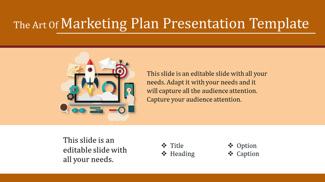 Marketing plan presentation template featuring a laptop with a rocket, gears, and icons with placeholder text.