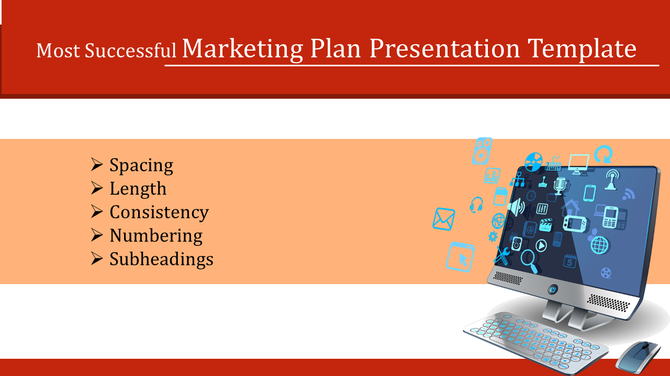 Computer illustration with floating digital icons on a marketing-themed slide with a red and orange layout.