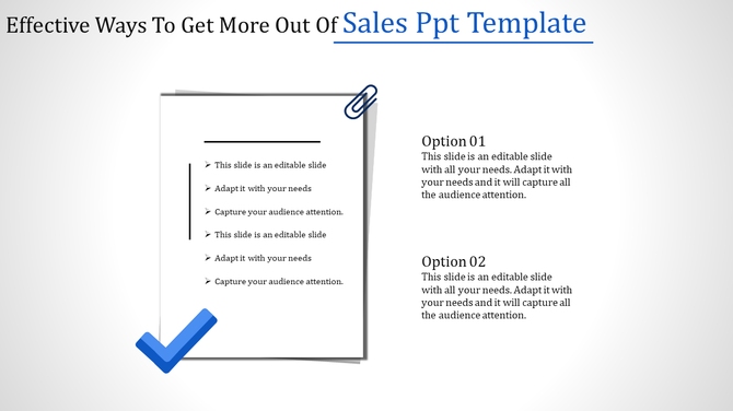 Sales template with bullet points on a white document graphic, large blue checkmark at the bottom left, and two options.