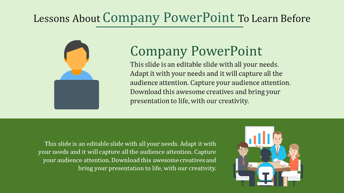 Company PowerPoint template with a graphic of a person using a laptop and a group meeting around a table.