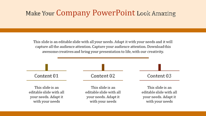 Business presentation slide with three evenly spaced content blocks underlined with brown lines.