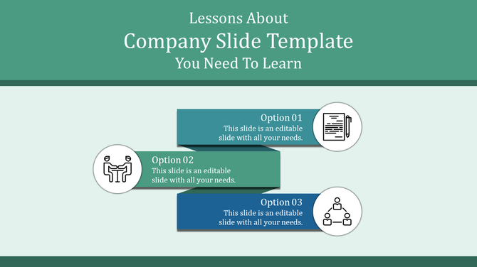 Digital company slide three rectangles labeled options 01, 02, and 03, with icons for writing, meeting, and organization.