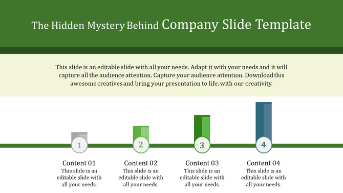 Company slide with a green line, featuring numbered circles 1 to 4, showing vertical bars, and content placeholders.