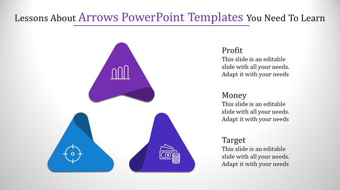 Three triangular icons with arrows in blue and purple representing profit, money, and target, with captions on the right.