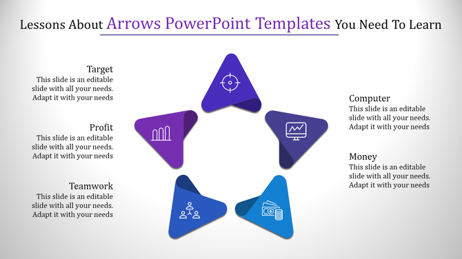 Arrow based slide showcasing five key business concepts, each represented by a triangle with a corresponding icon.