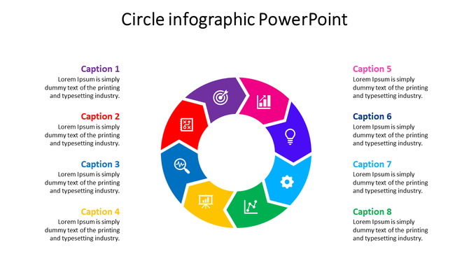 Circle infographic PowerPoint template with eight segments, each represented by a colorful icon with captions.