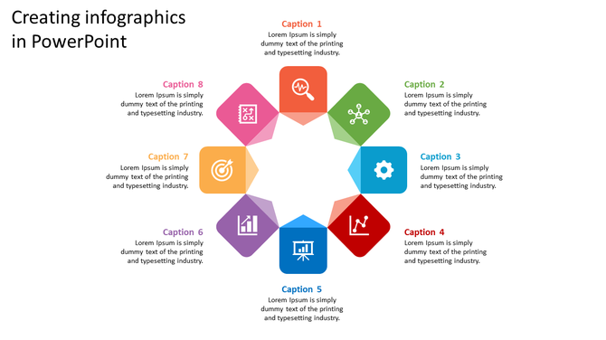Eight colorful pentagonal shapes arranged in a circle with icons and captions around them.