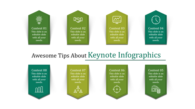 PowerPoint slide presenting tips about keynote infographics, featuring eight content boxes with icons.