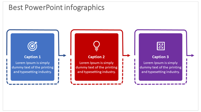 Infographic slide with three colorful blocks blue with the target, red with a light bulb, and purple with a strategy icon.